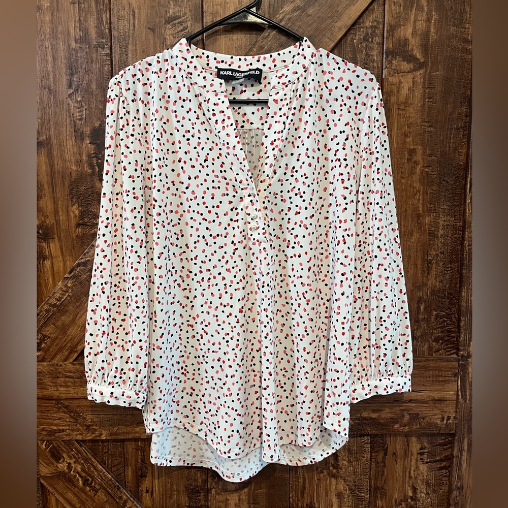 Karl Lagerfeld Paris Women's M Speckle Print V Neck Long Sleeve Blouse Top